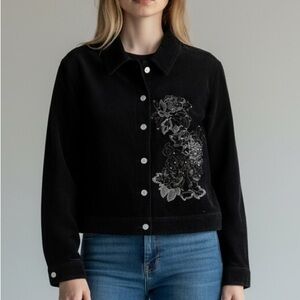 Vtg Lafei-Nier Black Corduroy Jacket 14 Floral Embroidery Whimsigoth Edgy Witchy
